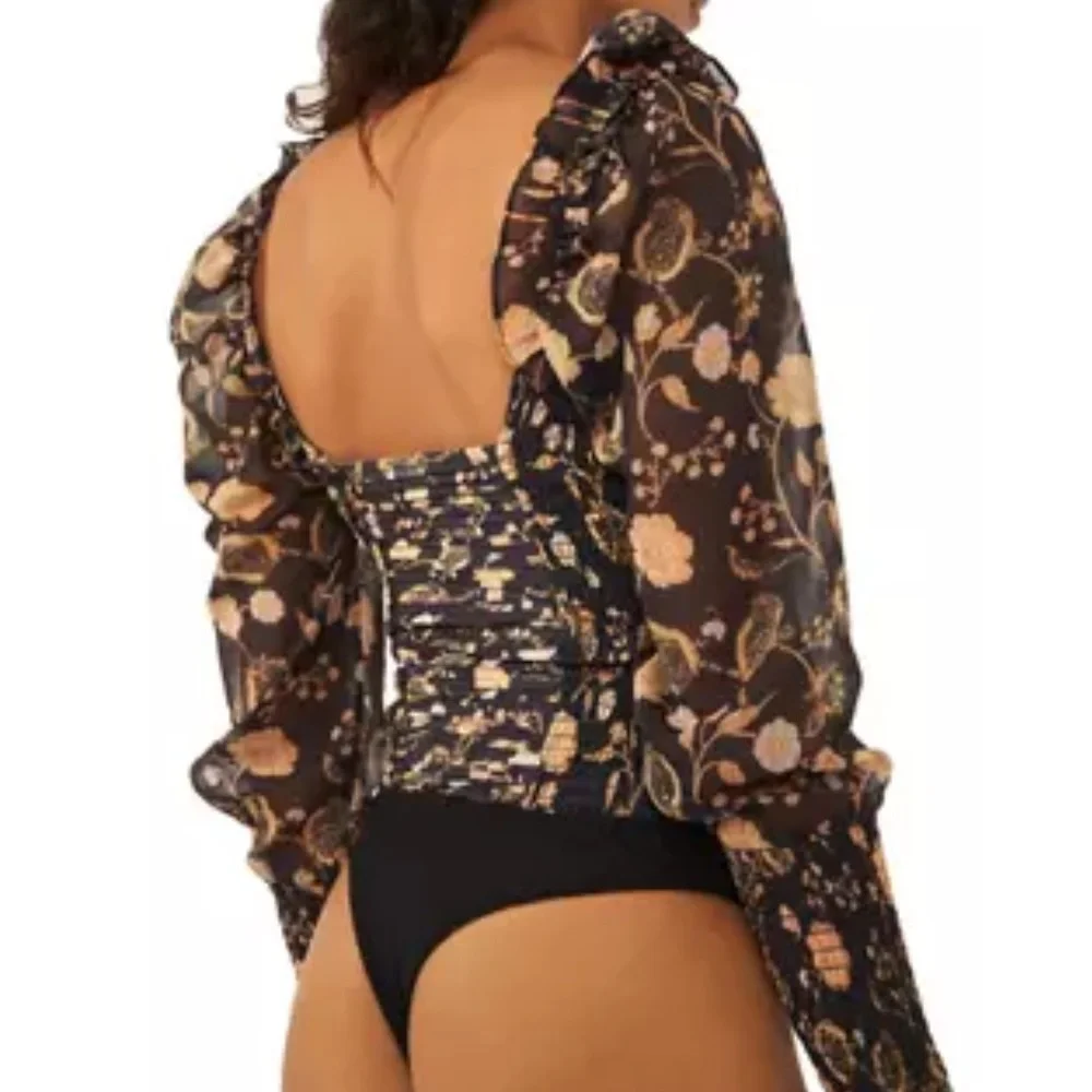 NWT Free People Intimately Brunch Daye Black Combo Floral Sheer Bodysuit